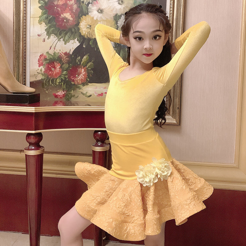 Yellow Girls Latin Dance Dresses Kids Lace Velvet Latin Salsa Rumba Ballroom Performance Costumes