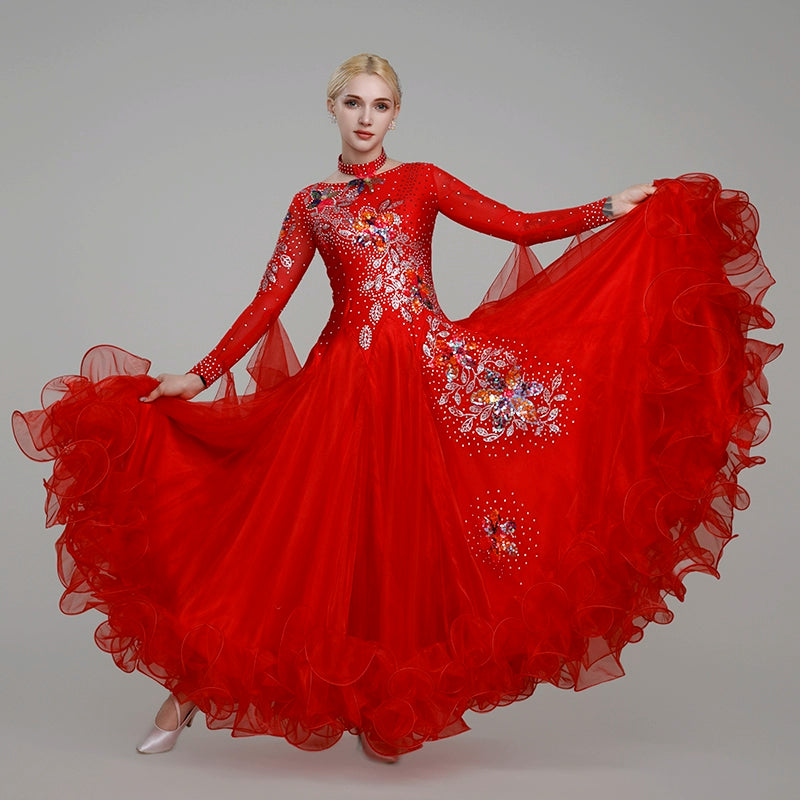 Modern Ballroom Dance Dresses for Women Girls Blue Red Black Bling Waltz Tango Foxtrot Rhythm Group Dance Costume Party Performance Ball Gown