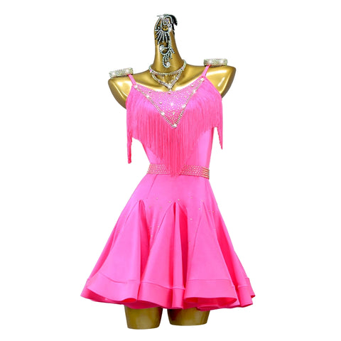 Women junior girls Hot pink fringe competition latin dance dresses fringe salsa rumba chacha professional Latin dance competition costume