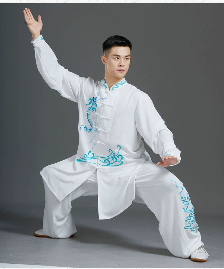 Custom Size White Blue Emboridered Chinese Dragon Tai Chi Clothing for Men Competition Wushu Martial Art Chinese Kung Fu Uniforms