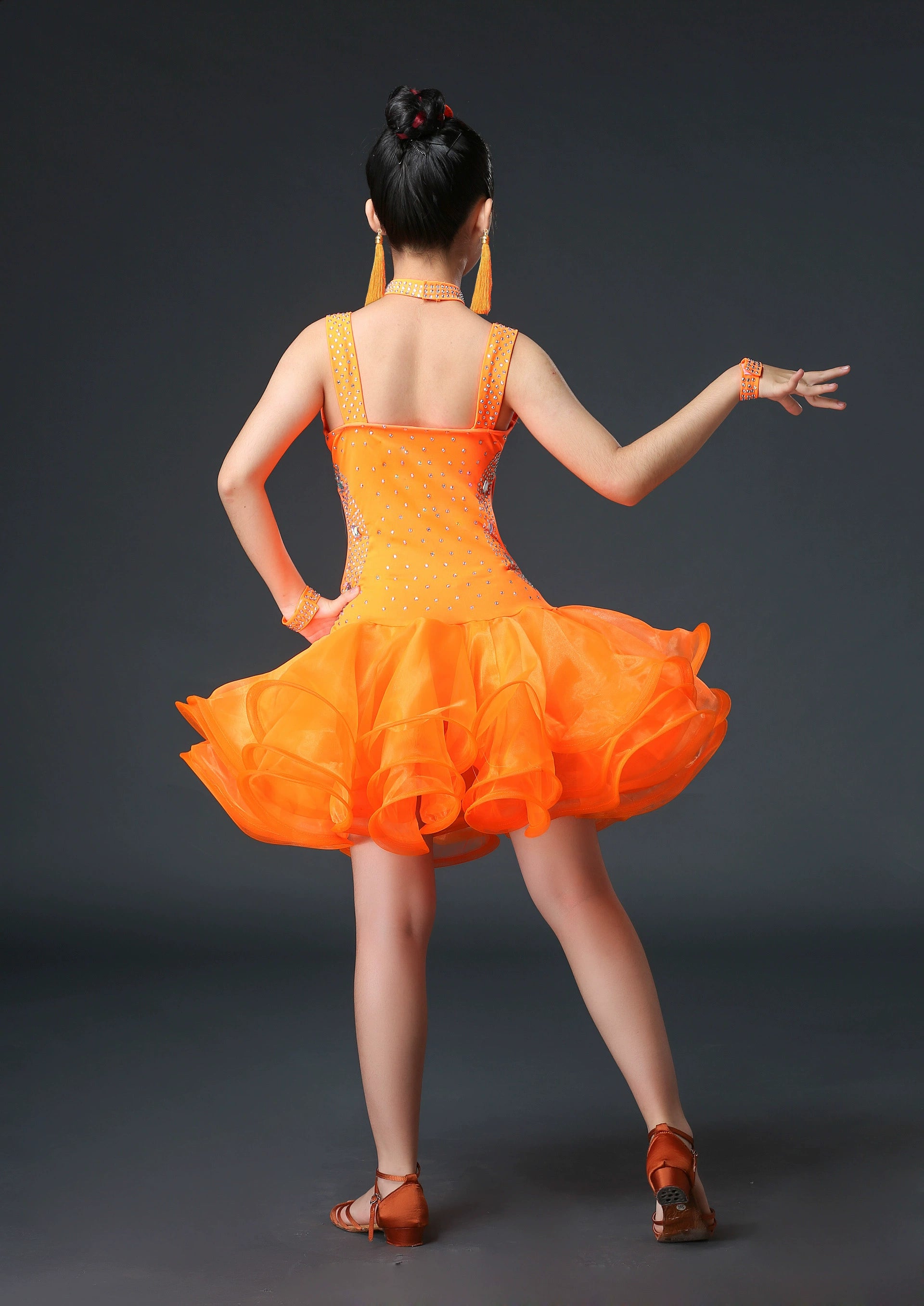 Competition Latin Dance Dresses for Kids Girls Orange White Red Neon Green Rhinestones Competition Grade Salsa Chacha Party Performance Outfits for Kids