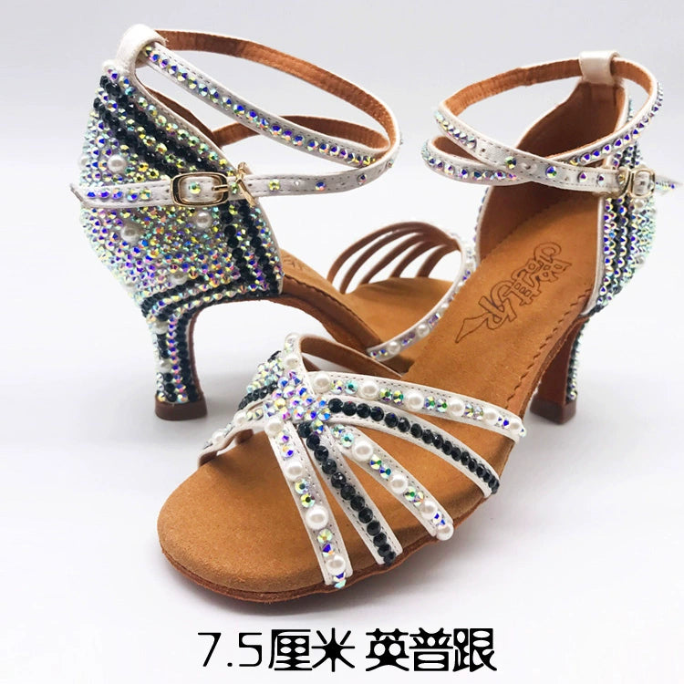 Women White Latin Dance Shoes Sparkling Handmade Rhinestones Soft Sole Indoor Style Ballroom Tango Waltz National Standard Dance Shoes