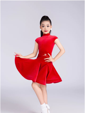 Girls' Blue red velvet latin ballroom dance dresses kids modern dance professional competition clothes for Children