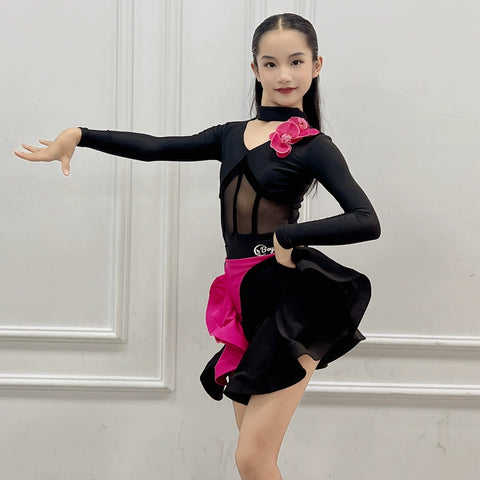 Black with Hot Pink Ruffles Latin Ballroom Dance Dresses for Kids Girls Professional Salsa Chacha Rumba Art Examination Standard Competition Costumes