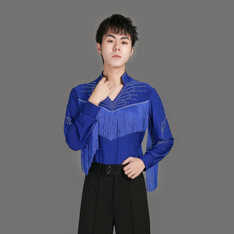 Men youth Modern dance ballroom latin performance royal blue shirts stage performance fringed tops for male