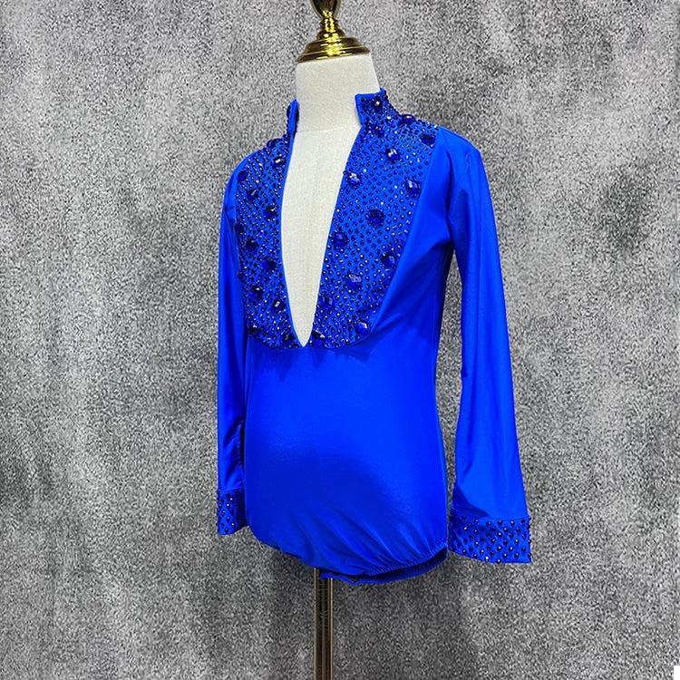 Custom Size Royal Blue Competition Latin Ballroom Dance Shrits for Boys Kids Children Salsa Waltz Latin Performance Gemstones Top