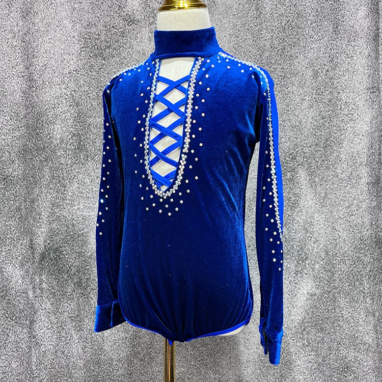 Children Boys Royal Blue Velvet Latin Dance Shirts Kids Rhinestones Turtle Neck Ballroom Latin Dance Competition Leotard Tops