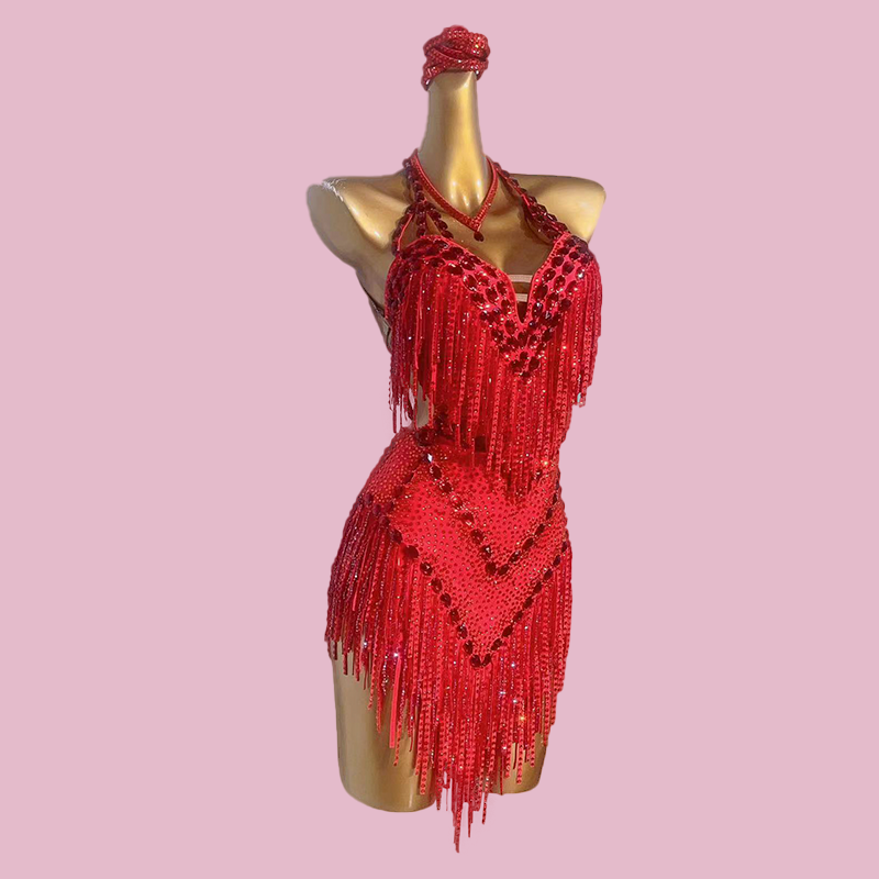 Custom Size Red Rhinestones Fringe Latin Dance Competition Dresses for Women Girls Kids Professional Art Test Dance Salsa Rumba Chacha Performance Outfits