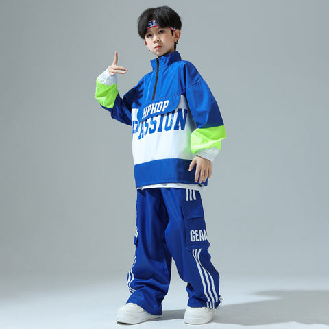 Children's Blue Hip-hop Jazz Dance Costumes Boys Girls Street Sports Opening Ceremony Performance Outfits Rapper Singers Gogo Dancers Wear