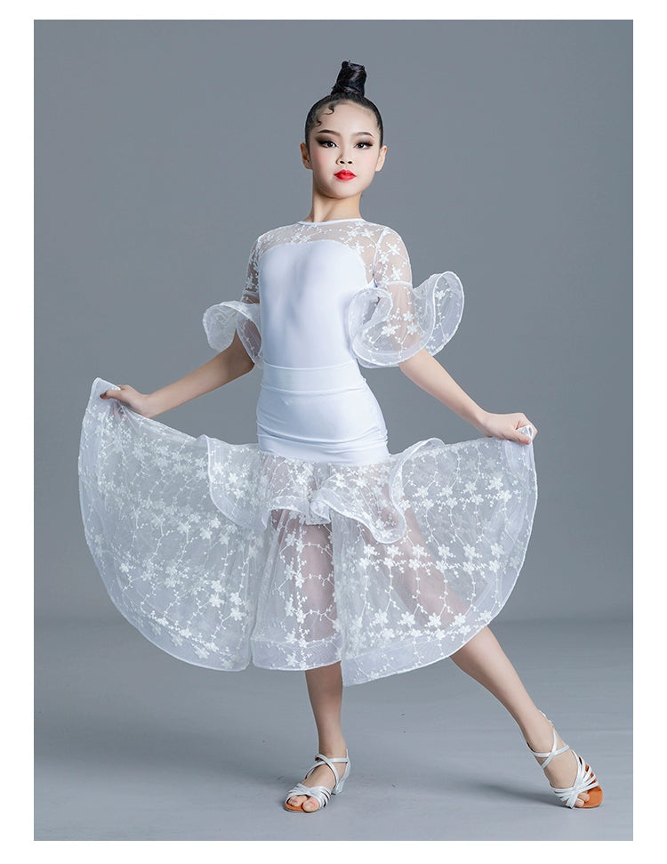 Children' Girls White Pink Green Lace Ballroom Dance Dresses for Kids Waltz Ballroom Tango Dance Competition Performance Clothes