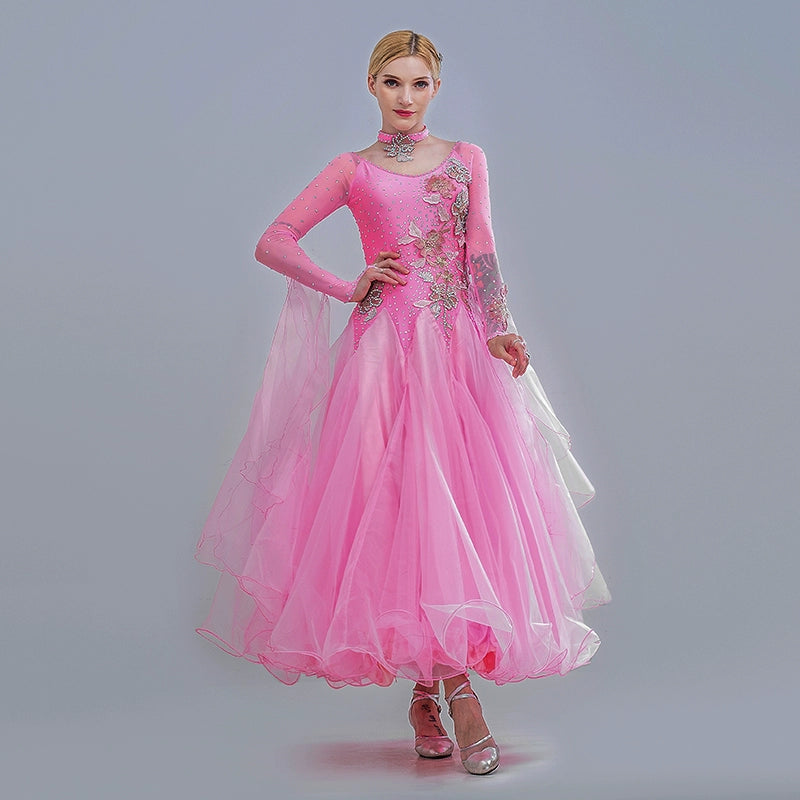 Pink Rhinestones Competition Ballroom Dance Dresses for Women Girls Kids Waltz Tango Foxtrot Smooth Dance Long Gown Party Dancing Outfits