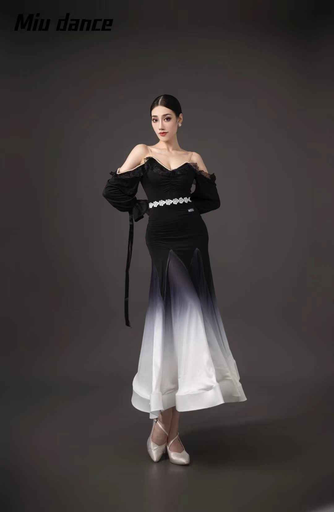 Black White Gradient Off Shoulder Ballroom Dance Dresses for Women Girls Waltz Tango Rhythm Fishbone Skirt