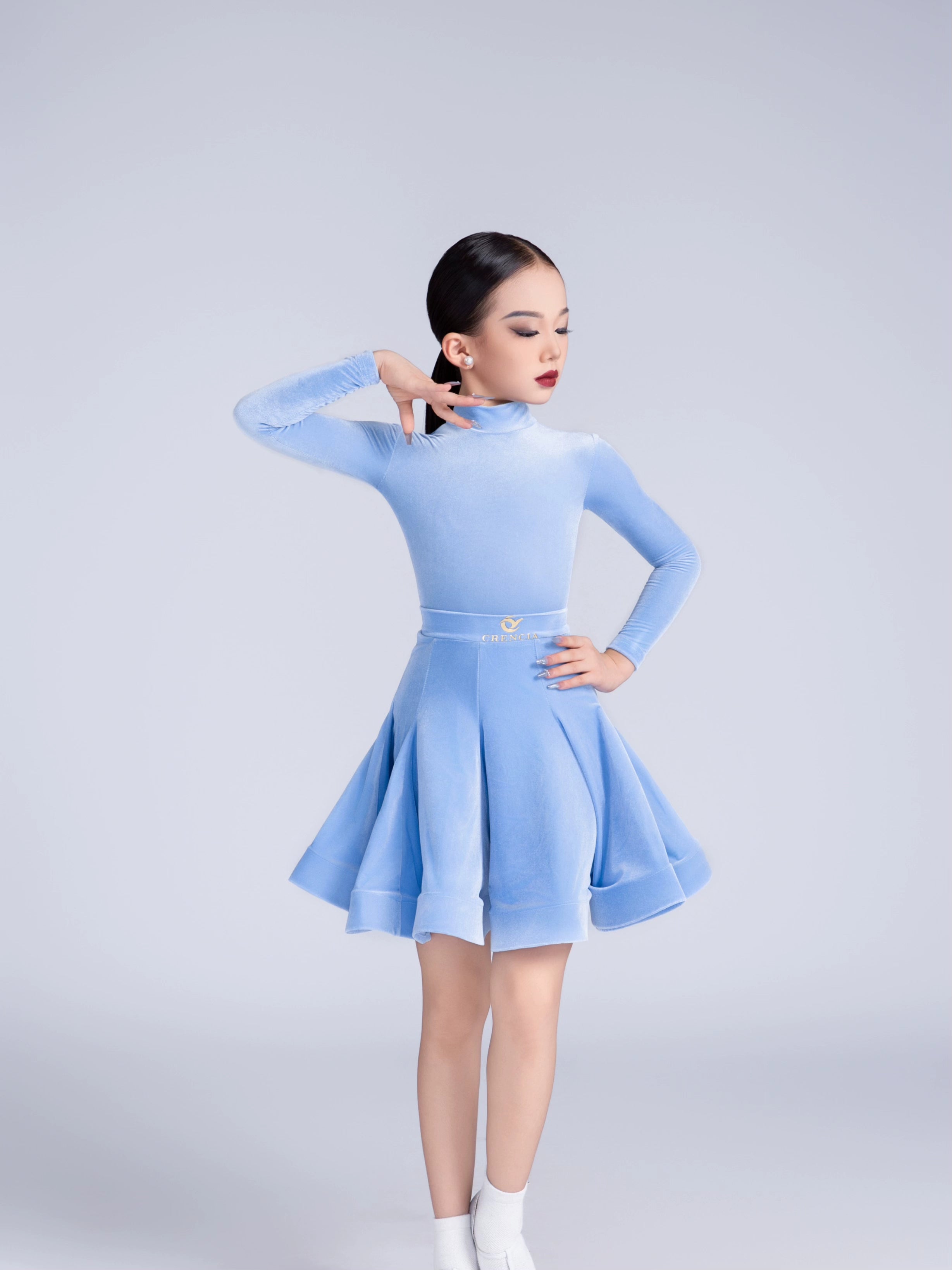 Children's blue pink velvet Latin dance dress kids national competition ballroom dance costumes for girls