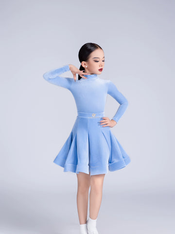 Children's blue pink velvet Latin dance dress kids national competition ballroom dance costumes for girls