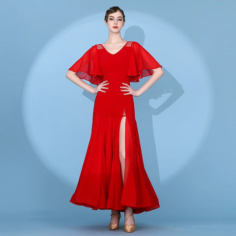 Flying sleeve red black white ballroom dance dress for women girls side slit modern waltz tango foxtrot smooth waltz practice gown