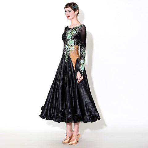 Green Peony Flower Ballroom Dance Dress for Women Girls Slant Neck Rhythm Smooth Waltz Tango Satin Gown