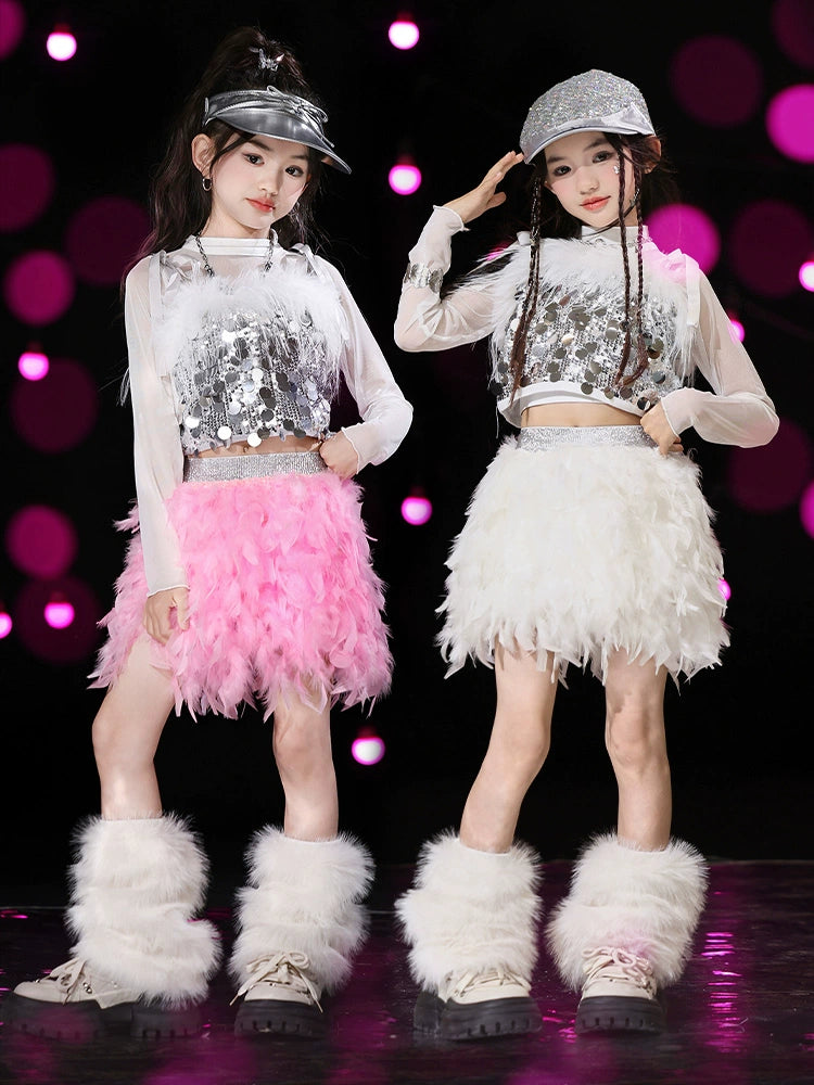 Girls Silver Pink Sequins Jazz Dance Costume Feather Hip Hop Rapper Singers Gogo Dancer Street Dancing Outfits Catwalk Model Show Clothing