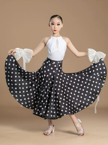 White Lace Polka Dot National Ballroom Dance Dresses for Kids Girls Competition Waltz Tango Party Performance Skirts