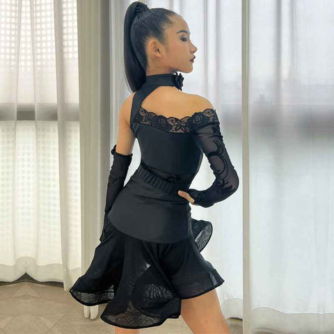 Girls Black Latin Dance Dresses Slant Neck Lace One Shoulder Salsa Rumba Chacha Performance Practice Costumes for Kids