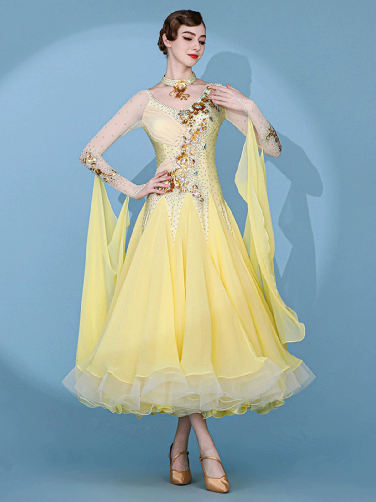 Custom size yellow competition ballroom dance dresses for women girls kids gemstones senior waltz tango foxtrot smooth dance gown