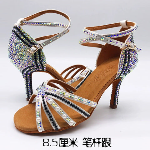 Women White Latin Dance Shoes Sparkling Handmade Rhinestones Soft Sole Indoor Style Ballroom Tango Waltz National Standard Dance Shoes