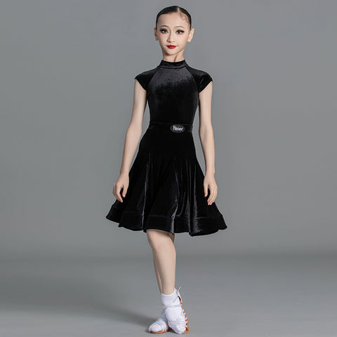 Latin Dance Competition dresses for kids girls  wine green Short Sleeves Standard  ballroom latin Competition Suit