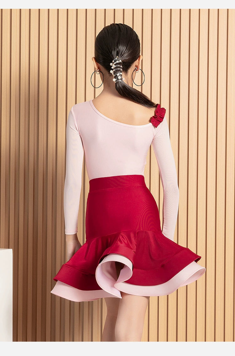 Pink with Red Girls Latin Dance Dresses Salsa Rumba Chacha Long Sleeves Ruffles Professional Dance Wear for Children