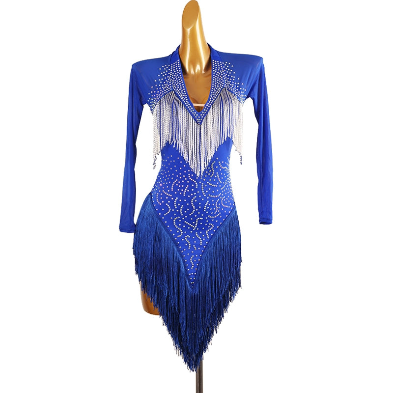 White Red Blue Fringe  Latin Dance Dress for Women Girls Purple Long Sleeves Rhinestones Competition Performance Rumba Chacha Dancing Costumes for Female