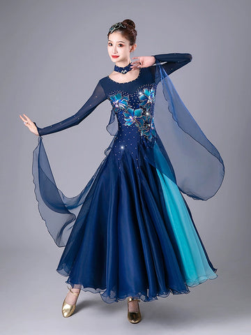 Navy Red Competition Ballroom Dance Dresses for Women Girls Diamond Waltz Tango Foxtrot Rhythm Performance Costumes