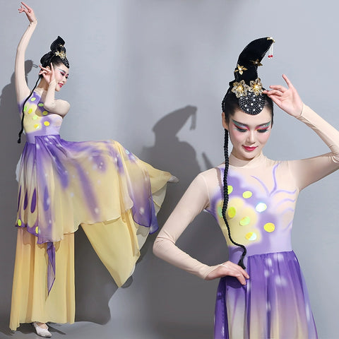 Women Purple Yellow Fairy Butterfly Dance Costumes Modern Dance Fluttering Butterfly Dream Butterfly Flying Repertoire Art Examination Dance Dresses