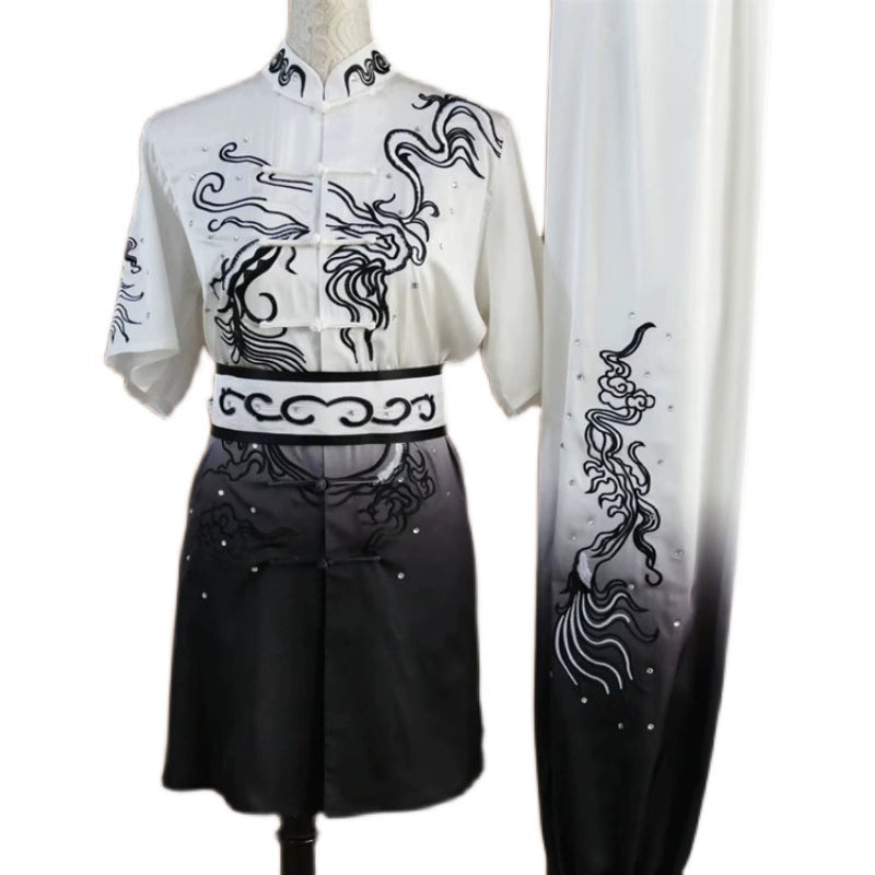 Customized size Tai chi clothing competition chinese kungfu uniforms for unisex Black white gradient embroidery martial arts clothes Changquan Nanquan suit