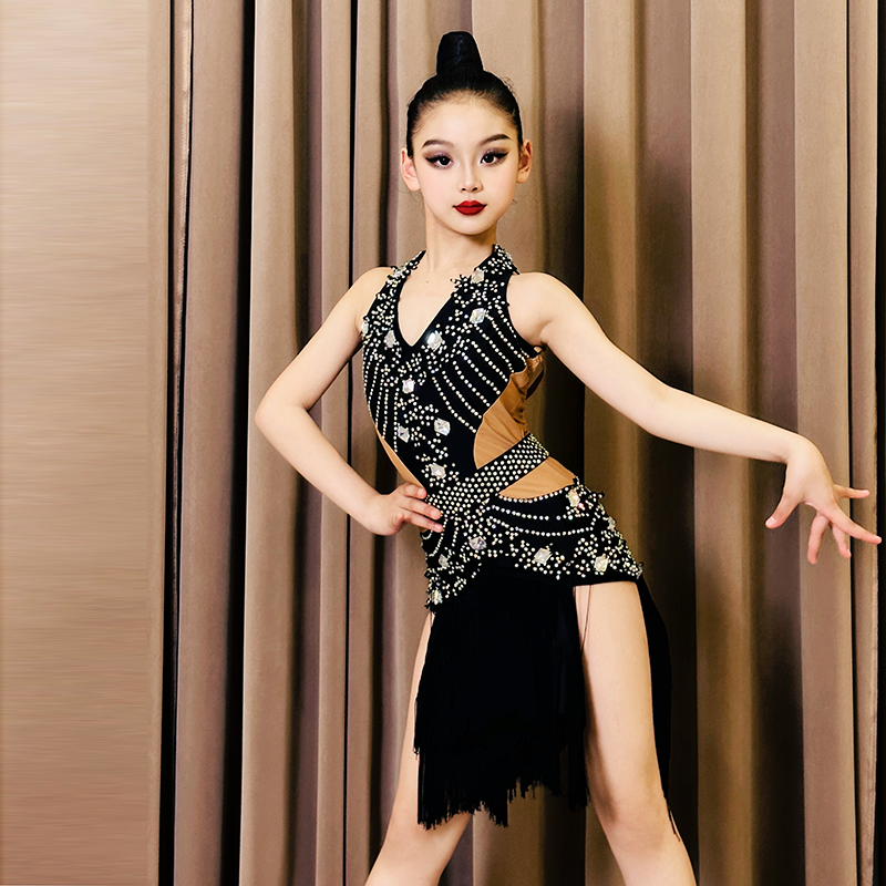 Custom size girls kids black fringe competition Latin Dance dress modern dance Flower Costume Blackpool Art Exam Skirt