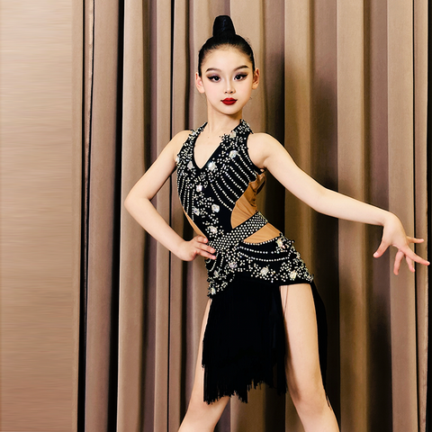 Custom size girls kids black fringe competition Latin Dance dress modern dance Flower Costume Blackpool Art Exam Skirt