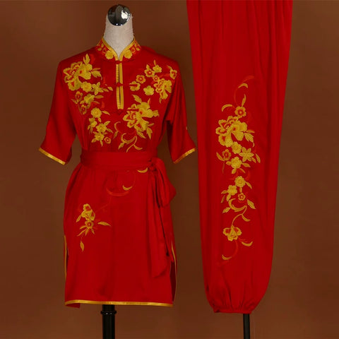 Custom size competition tai chi Wushu uniforms embroidered flower team martial art changquan performance cclothes for adult kids