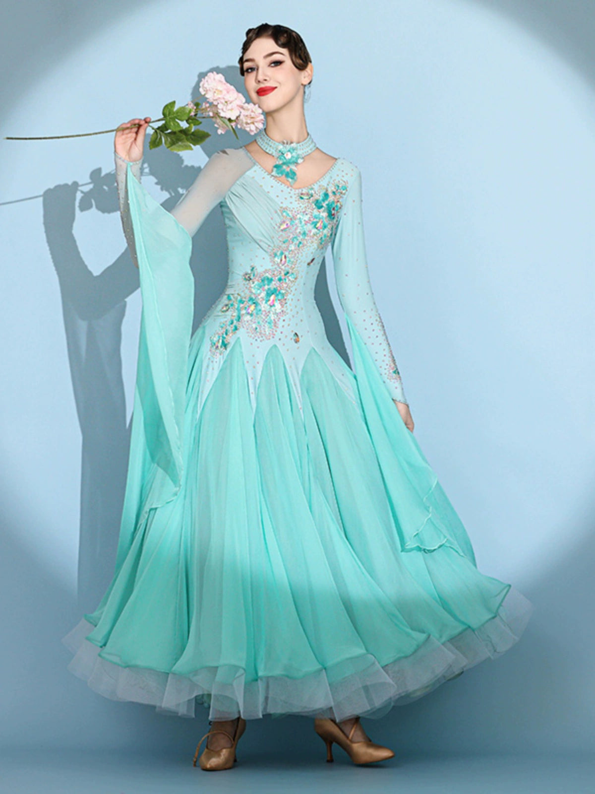 Aqua green color competition ballroom dance dresses for women girls waltz tango senior rhythm modern dance costume