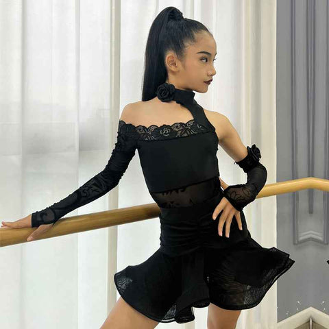 Girls Black Latin Dance Dresses Slant Neck Lace One Shoulder Salsa Rumba Chacha Performance Practice Costumes for Kids