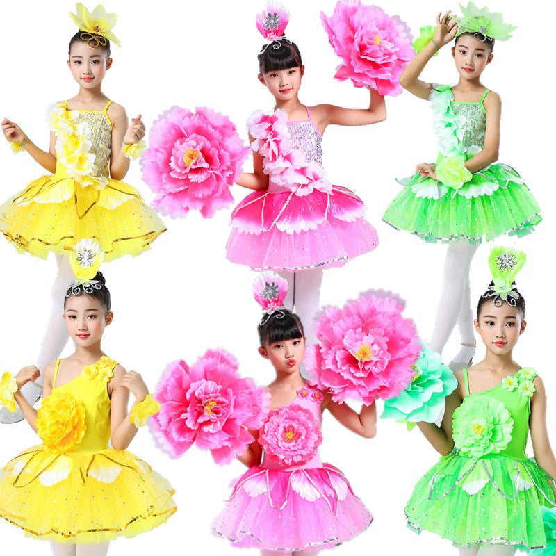 Children's Pink Petals Flowers Jazz Dance Dresses Jasmine Blossom Dance Costume Flower Fairy Tutu Skirts Performance Costume for Kids