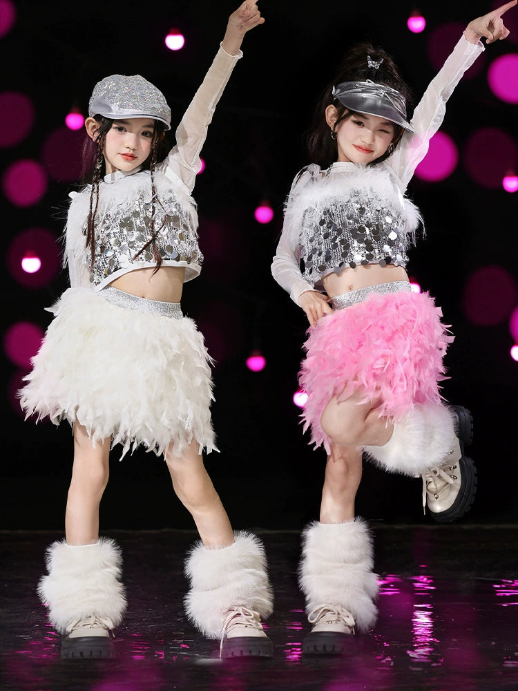 Girls Silver Pink Sequins Jazz Dance Costume Feather Hip Hop Rapper Singers Gogo Dancer Street Dancing Outfits Catwalk Model Show Clothing