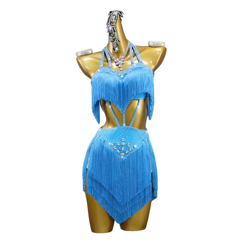 Turquoise Blue Fringe Competition Latin Danc Dresses for Women Girls Salsa Rumba Chacha Modern Dance Outfits