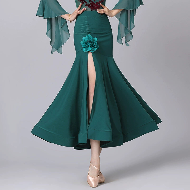 Modern Dark Green Blue Flowers Ballroom Dance Skirt for Women Girls Sexy Side Slit Professional Waltz Tango Dancing Long Skirts for Lady