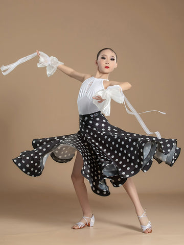 White Lace Polka Dot National Ballroom Dance Dresses for Kids Girls Competition Waltz Tango Party Performance Skirts