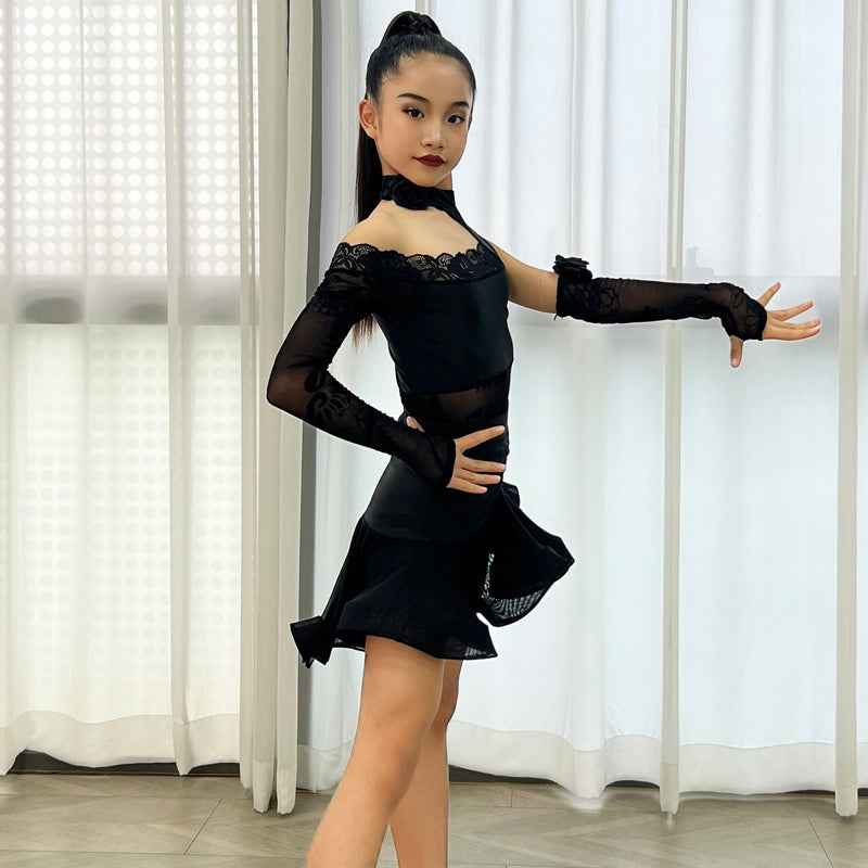 Girls Black Latin Dance Dresses Slant Neck Lace One Shoulder Salsa Rumba Chacha Performance Practice Costumes for Kids