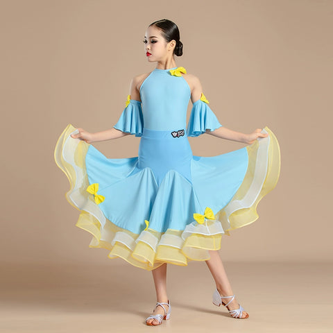 Blue with Yellow Modern National Ballroom Dance Dresses for Girls Kids Children's Waltz Professional Competition Practice Outfits for Children