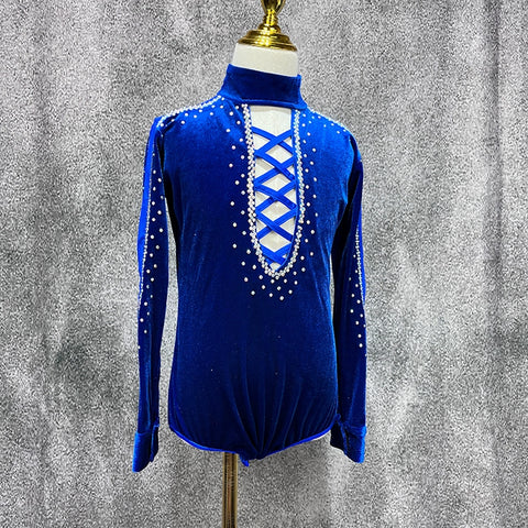 Children Boys Royal Blue Velvet Latin Dance Shirts Kids Rhinestones Turtle Neck Ballroom Latin Dance Competition Leotard Tops