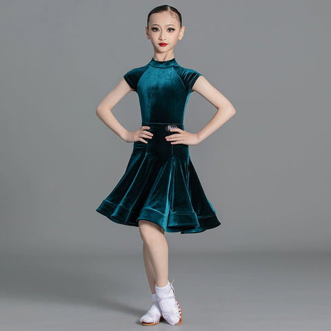 Latin Dance Competition dresses for kids girls  wine green Short Sleeves Standard  ballroom latin Competition Suit