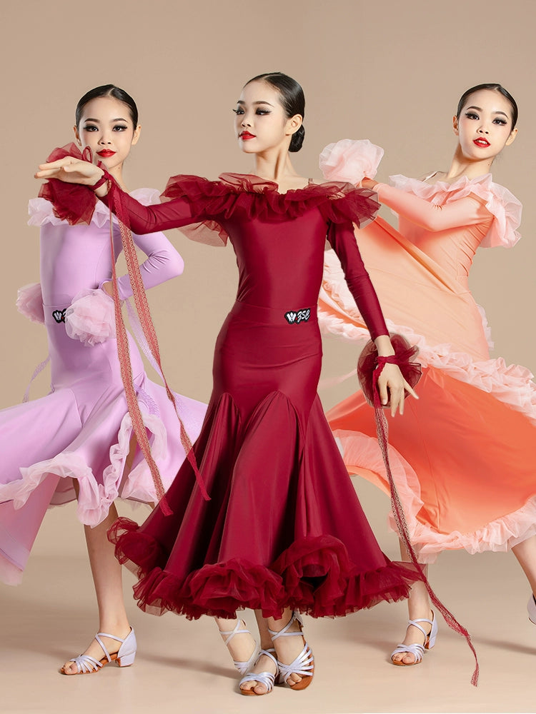 Modern ballroom dance dresses for girls kids waltz tango light purple orange wine professional competition clothing for children