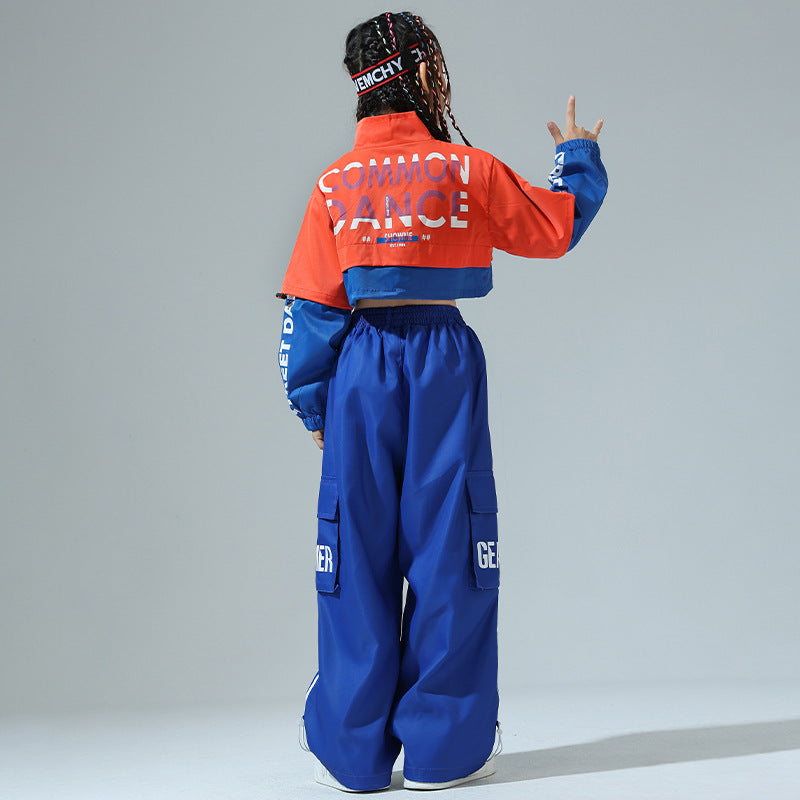 Girls Boys Hip Hop Jazz Dance Costumes Orange Blue Cheerleading Performance Class Uniforms Kids Rapper Singers Gogo Dancers Outfits