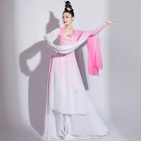 Pink gradient Chinese folk Classical dance costumes for women girls water sleeves jinghong art test dance hanfu fairy dress