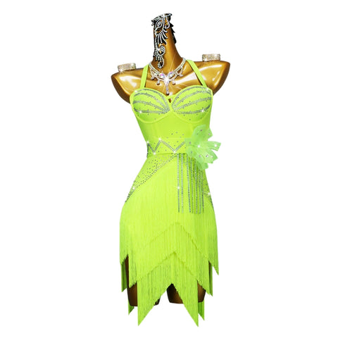 Fluorescent Yellow Latin Dance Competition Dresses for Girls Women Halter Neck Fringe Salsa Rumba Cha Cha Performance Costume