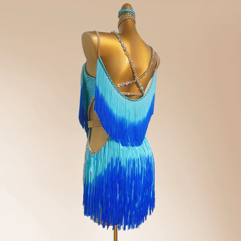 Custom Size Blue Gold Gradient Bling Fringe Competition Latin Dance Dresses for Women Girls Kids Salsa Rumba Chacha  Performance Skirts